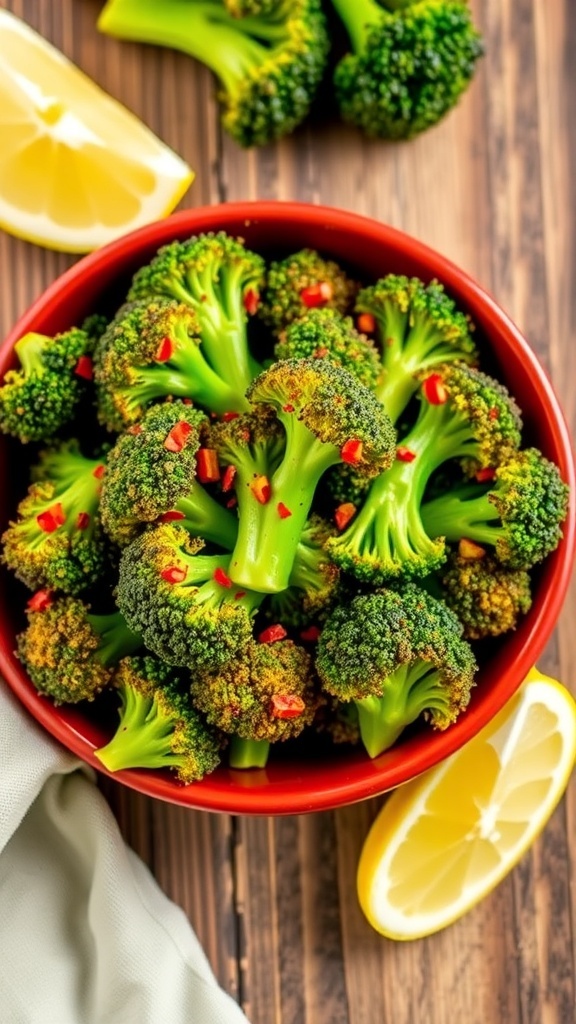Crispy air fryer broccoli florets garnished with red pepper flakes and lemon wedges on a rustic table.